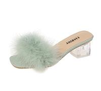 Fluffy Slippers Open Toe, Clear Heel Mules, Lightweight Low Chunky Heels Slippers, Fluffy Party Evening Sandals Elegant Evening Dress Shoes Clear Crystal Heel Slides for Wedding Party Green