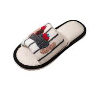 Fluffy Slippers Women Cute Striped Dog Embroidery Open Toe House Slides | Women 's Soft Fuzzy Slippers, Memory Foam Ladies House Shoes with Non-Slip Sole, Slip-on Slipper for Indoor Bedroom Wear