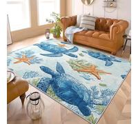 Fluffy Soft 3D Flannel Rug Turtle And Starfish Pattern Short Pile Carpet for Bedroom, Blue Non-Slip Area rugs for Living Room and Playroom - Cozy Floor Mats for Kids Room 120x170 cm