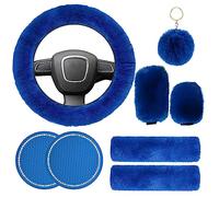 Fluffy Steering Wheel Cover Set for Women, YUNXNYC 1 Set 8 Pieces Fluffy Car Accessories Set Soft Fuzz Handbrake Cover Gear Shift Cover Fur Seat Belt Shoulder Pads Furry Ball Key Chain (Blue)