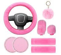 Fluffy Steering Wheel Cover Set for Women, YUNXNYC 1 Set 8 Pieces Fluffy Car Accessories Set Soft Fuzz Handbrake Cover Gear Shift Cover Fur Seat Belt Shoulder Pads Furry Ball Key Chain (Pink)