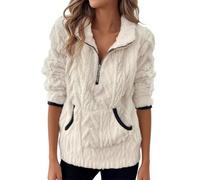 Fluffy Sweatshirt Women Teddy Bear Coat Half Zip Long Sleeve Fleece Jumpers Autumn Winter Warm Sherpa Fuzzy Pullover Tops Snuggle Hoodie Ladies Sweaters Lapel Collar Sweatshirt with Pockets Beige