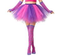 Fluffy Tulle Tutu Skirt Costume, Non See-Through Lined Skirts with Striped Socks for Halloween Run Spirit Week, Hot Pink/Purple, M