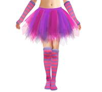 Fluffy Tulle Tutu Skirt Costume, Non See-Through Lined Skirts with Striped Socks for Halloween Run Spirit Week, Hot Pink/Purple, M