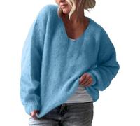 Fluffy V Neck Oversized Jumpers for Women UK Soft Warm Long Sleeve Pullover Relaxed Fit Fuzzy Knit Chunky Sweater Top Cozy Casual Loungewear for Daily Wear XXL Sky Blue