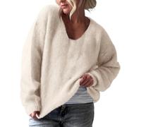Fluffy V Neck Oversized Jumpers for Women UK Soft Warm Long Sleeve Pullover Relaxed Fit Fuzzy Knit Chunky Sweater Top Cozy Casual Loungewear for Daily Wear XXL Beige