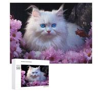 Fluffy White Cat with Blue Eyes Surrounded by Pink Flowers - Decorative Wooden Puzzle, 500 PCS, Festive Gift for Adults - for A Rewarding Weekend Challenge
