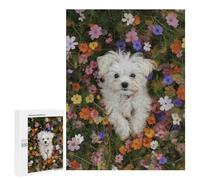 Fluffy White Dog in Flowers-1 Puzzle 1000 Teile Schwer Puzzle Spielzeug Lernspiel Impossible Herausforderungsspielzeug Für Erwachsene Kinder 500 PCS