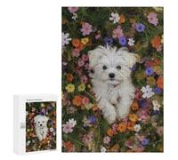 Fluffy White Dog in Flowers-1 Puzzle 1000 Teile Schwer Puzzle Spielzeug Lernspiel Impossible Herausforderungsspielzeug Für Erwachsene Kinder 300 PCS