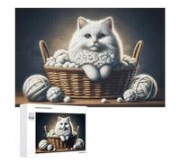 Fluffy White Kitten Basket Puzzle for Adults, 1000 PCS, Illustrated Jigsaw Edition, A Focused Activity for Patient Adult Puzzlers, at Home