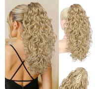 Flufymooz 100％ Pure Protein Ponytail Extension, 18 Inch Curly Claw Clip Ponytail Hair Extensions Natural Soft pony tail hairpiece for women-Deep Blonde with Ash Blonde Highlights