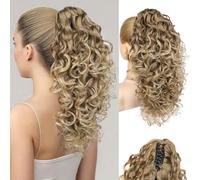 Flufymooz 100％ Pure Protein Ponytail Extension, 18 Inch Curly Claw Clip Ponytail Hair Extensions Natural Soft pony tail hairpiece for women-Dark Blonde