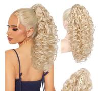 Flufymooz 100％ Pure Protein Ponytail Extension, 18 Inch Curly Claw Clip Ponytail Hair Extensions Natural Soft pony tail hairpiece for women-Light Blonde with White Blonde