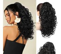 Flufymooz 100％ Pure Protein Ponytail Extension, 18 Inch Curly Claw Clip Ponytail Hair Extensions Natural Soft pony tail hairpiece for women-Black Brown
