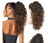 Flufymooz 100％ Pure Protein Ponytail Extension, 18 Inch Curly Claw Clip Ponytail Hair Extensions Natural Soft pony tail hairpiece for women-Dark Almond Brown with Copper