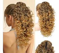 FLUFYMOOZ 100％ Pure Protein Ponytail Extension, 18 Inch Curly Claw Clip Ponytail Hair Extensions Natural Soft pony tail hairpiece for women-Medium Brown with Golden Blonde