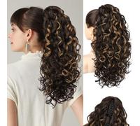 Flufymooz 100％ Pure Protein Ponytail Extension, 18 Inch Curly Claw Clip Ponytail Hair Extensions Natural Soft pony tail hairpiece for women-Brown with Deep Blonde Highlight