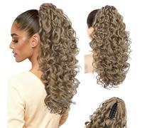 Flufymooz 100％ Pure Protein Ponytail Extension, 18 Inch Curly Claw Clip Ponytail Hair Extensions Natural Soft pony tail hairpiece for women-Ash Brown