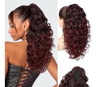 Flufymooz 100％ Pure Protein Ponytail Extension, 18 Inch Curly Claw Clip Ponytail Hair Extensions Natural Soft pony tail hairpiece for women-Wine Red