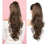 Flufymooz 26" Ponytail Extension, Long Wavy Curly Claw Clip in Ponytail Hair Extensions, Natural Synthetic Hairpiece for Women Daily Wear(Medium Brown with Medium Auburn)