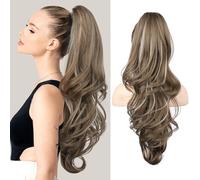 FLUFYMOOZ 26" Ponytail Extension, Long Wavy Curly Claw Clip in Ponytail Hair Extensions, Natural Synthetic Hairpiece for Women Daily Wear(Medium Brown Ash Blonde)