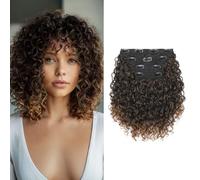 FLUFYMOOZ 4PC Clip in Hair Extensions, 10 Inch 100％ Pure Protein Silk Short Hairpiece Deep Curly Wavy Hair Extensions Clip in Natural Soft Hairpiece for Women-Dark Almond brown with copper