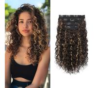 FLUFYMOOZ 4PC Clip in Hair Extensions, 14 Inch 100％ Pure Protein Silk Short Hairpiece Deep Curly Wavy Hair Extensions Clip in Natural Soft Hairpiece for Women-Brown with Deep Blonde Highlights