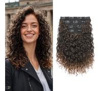 FLUFYMOOZ 4PC Clip in Hair Extensions, 14 Inch 100％ Pure Protein Silk Short Hairpiece Deep Curly Wavy Hair Extensions Clip in Natural Soft Hairpiece for Women-Dark Almond brown with copper