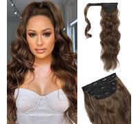 FLUFYMOOZ 4PCS Half Up Half Down Ponytail Extension Set, Ponytail Soft Synthetic Hairpiece for Women, Long Clip in Hair Extensions Wavy Fuller High Wrap Around (Medium Brown with Medium Auburn 22In)