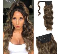 FLUFYMOOZ 4PCS Half Up Half Down Ponytail Extension Set, Ponytail Soft Synthetic Hairpiece for Women, Long Clip in Hair Extensions Wavy Fuller High Wrap Around (Deep Brown with Dirty Blonde 22In)