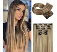FLUFYMOOZ 6PC Clip in Hair Extensions 24" Straight Long Extensions for Women Synthetic Hairpiece (Brown with Blonde Highlights)