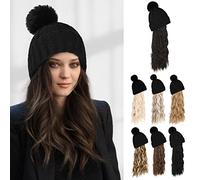 Flufymooz Beanie Wig, Hat Hair Extension Long Wavy Curly Black Hat Wig with Faux Fur Pom, Attached 20 Inch Synthetic Hairpiece for Women Girls Winter (Black Brown)