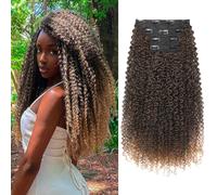 FLUFYMOOZ Clip in Hair Extensions, 20" 4PC 100％ Pure Protein Silk Hair Extensions for Black White Women Long Soft Curly Hair Extension Hairpiece(Dark Almond brown with copper)