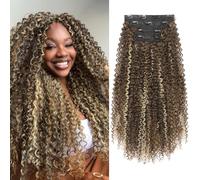 FLUFYMOOZ Clip in Hair Extensions, 20" 4PC 100％ Pure Protein Silk Hair Extensions for Black White Women Long Soft Curly Hair Extension Hairpiece(Medium Brown with Blonde Highlight)