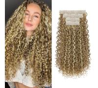 Flufymooz Clip in Hair Extensions, 4PC 100％ Pure Protein Silk Hair Extensions Long Soft Natural Hairpiece 20 Inch Curly Hair Extension for Women- Camel Brown with Blonde Highlights