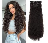 FLUFYMOOZ Clip In Hair Extensions,6PCS Hair Extensions Long Mermaid Waves Wavy Synthetic Clip On Hairpiece For Women 24 Inch (Black Brown)