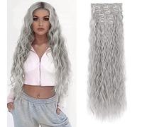FLUFYMOOZ Clip In Hair Extensions,6PCS Hair Extensions Long Mermaid Waves Wavy Synthetic Clip On Hairpiece For Women 24 Inch (Grey/Silver/White Mixed)