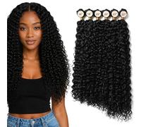 FLUFYMOOZ Curly Hair Bundles, 6PC 100％ Pure Protein Silk Kinky Weave Hair Bundles 18 20 22 Inch Black Hair Weft Extensions for Women(Natural Black)