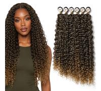 FLUFYMOOZ Curly Hair Bundles, 6PC 100％ Pure Protein Silk Kinky Weave Hair Bundles 18 20 22 Inch Hair Weft Extensions for Women(Medium Brown to Deep Blonde)