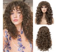 Flufymooz Curly Wig with Bangs for Black Women 20 Inch Chestnut Brown Curly Gorgeous Shag Hair Wig Kinky Curls with Wispy Bangs Heat Resistant Soft