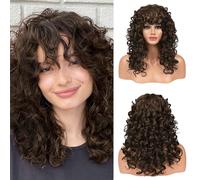Flufymooz Curly Wig with Bangs for Black Women, 20 Inch Walnut Brown Curly Gorgeous Shag Hair Wig, Kinky Curls with Wispy Bangs Synthetic Wig for Women Daily Cosplay