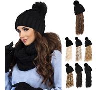 Flufymooz FLmaozi Beanie Wig, Hat Hair Extension Long Wavy Curly Black Hat Wig with Faux Fur Pom, Attached 20 Inch Synthetic Hairpiece for Women Girls Winter （Brown with Medium Auburn