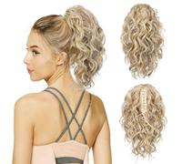Flufymooz Ponytail Extension, 12" Short Claw Ponytail Extension Wavy Curly Jaw Clip in Pony tails Hair Extension Natural Synthetic Hairpiece for Women (Ash Blonde with Highlight)