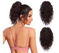 Flufymooz Ponytail Extension, 12" Short Claw Ponytail Extension Wavy Curly Jaw Clip in Pony tails Hair Extension Natural Synthetic Hairpiece for Women (Ombre Burgundy)