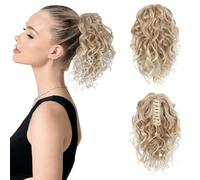 Flufymooz Ponytail Extension, 12" Short Claw Ponytail Extension Wavy Curly Jaw Clip in Pony tails Hair Extension Natural Synthetic Hairpiece for Women(Dark Blonde to Light Blonde)