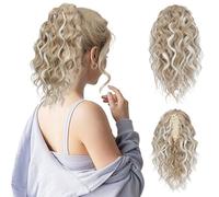 FLUFYMOOZ Ponytail Extension, 12" Short Claw Ponytail Extension Wavy Curly Jaw Clip in Pony tails Hair Extension Natural Synthetic Hairpiece for Women (Light Blonde with White Blonde Highlight)