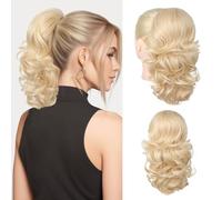Flufymooz Ponytail Extension, 14 Inch Short Drawstring Ponytail Hair Extension for Women, Soft Synthetic Pony Tails Hairpiece for Women (Light Blonde with Highlights)