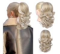 Flufymooz Ponytail Extension, 14 Inch Short Drawstring Ponytail Hair Extension for Women, Soft Synthetic Pony Tails Hairpiece for Women (Ash blonde with White blonde Highlight)