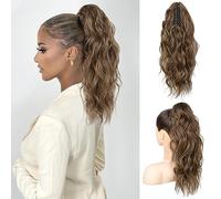 FLUFYMOOZ Ponytail Extension, 18 Inch Claw Clip Ponytail Extension, Wavy Curly Claw Clip in Ponytail Hair Extensions, Natural Fake Ponytail Synthetic Hairpiece for Women (Medium Brown with Auburn)