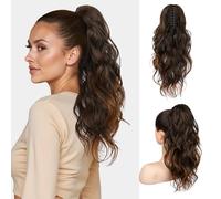 FLUFYMOOZ Ponytail Extension, 18 Inch Claw Clip Ponytail Extension, Wavy Curly Claw Clip in Ponytail Hair Extensions, Natural Fake Ponytail Synthetic Hairpiece for Women (Almond brown)
